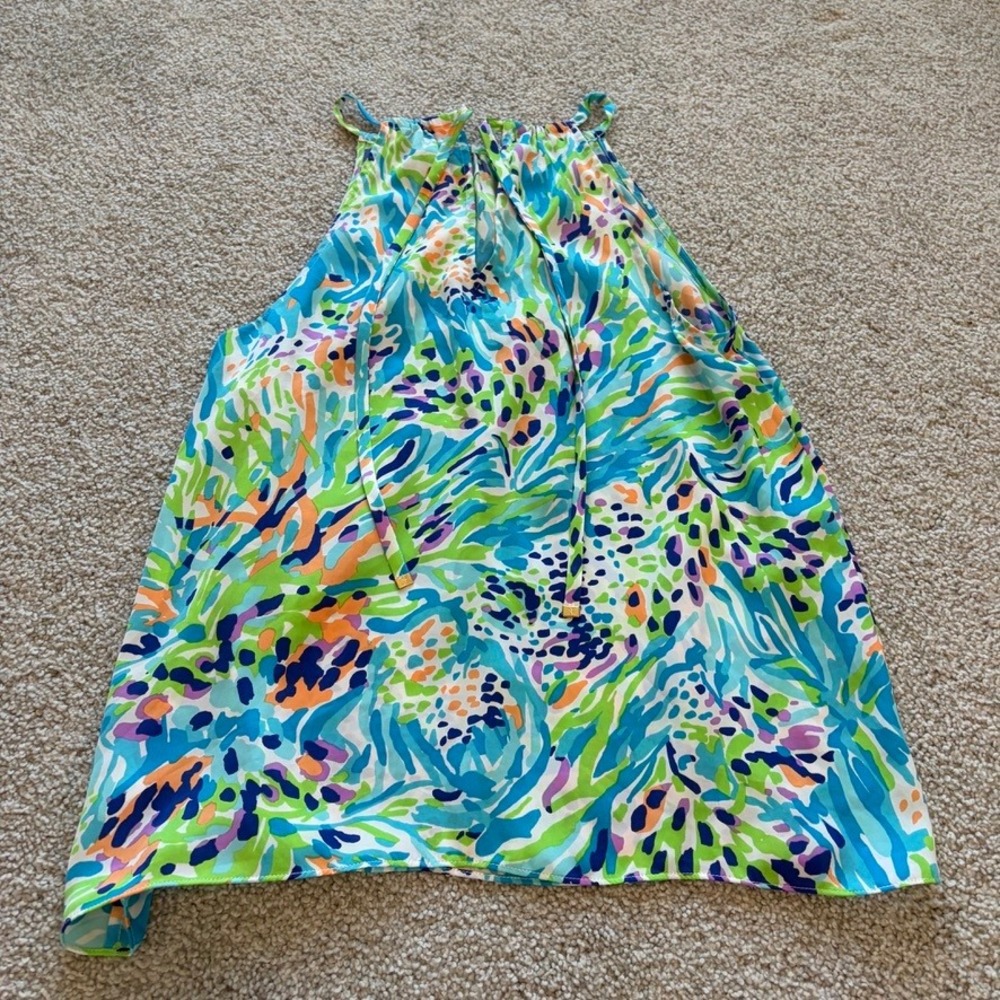 Lilly Pulitzer Skylar Tank Top Womens M Blue Green Sea Soiree Flowy Halter Beach - Picture 8 of 10